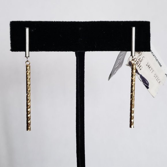 **SOLD**!4k Solid Two Tone Gold Stick/Dangle Earrings NIB/Tags - Picture 2 of 9